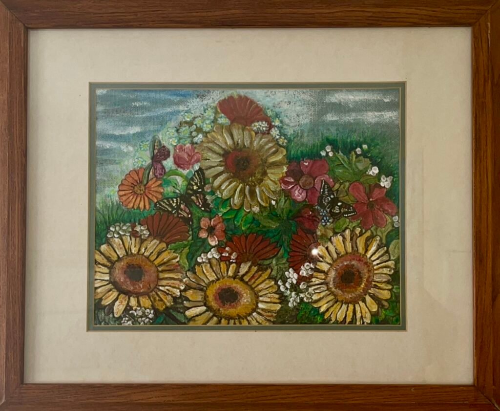 Mixed Flowers Still life Mixed media Fabric & Acrylic in Antique frame